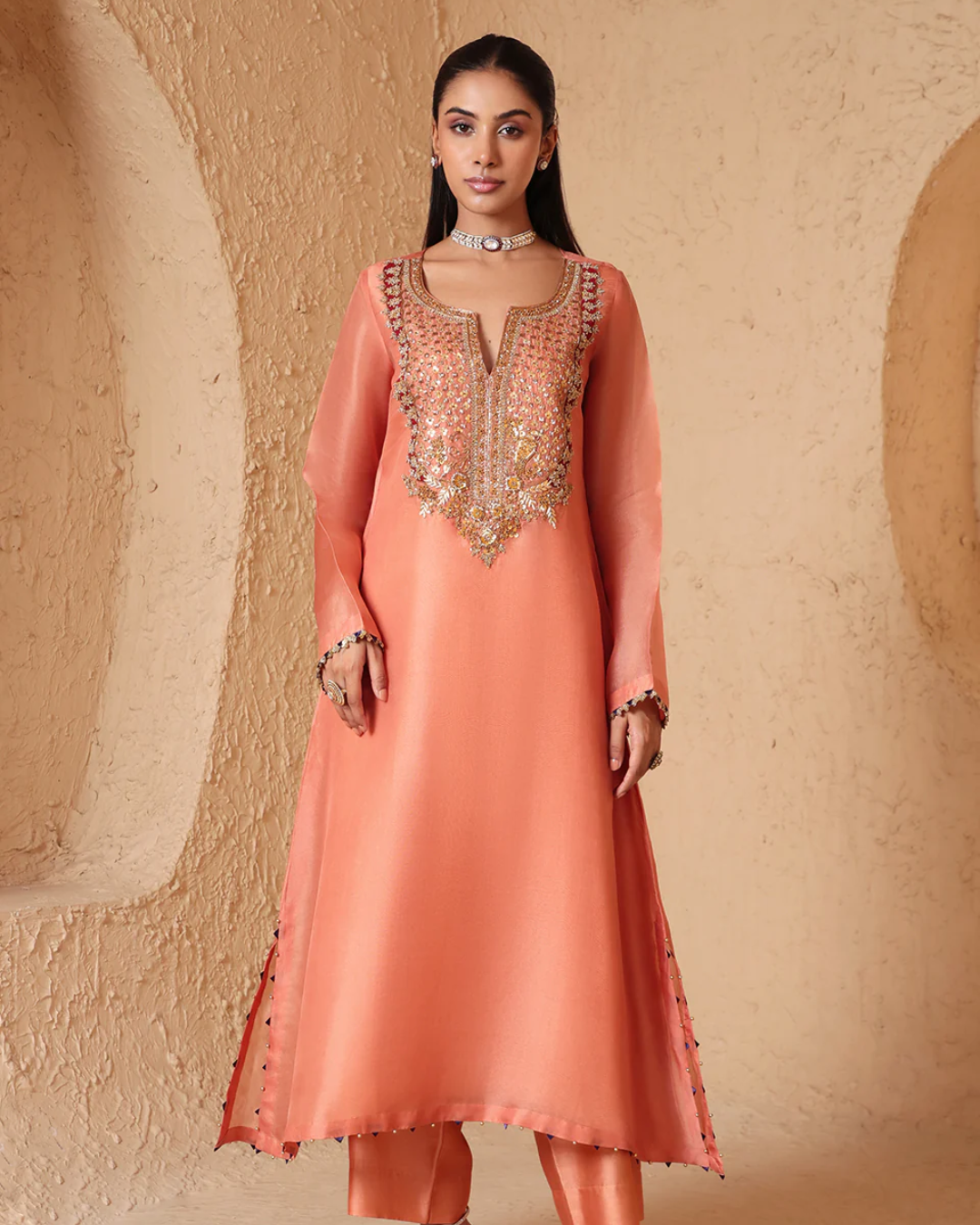 Niti Bothra - Mehrang Peach Heavy Neck Kurta Set