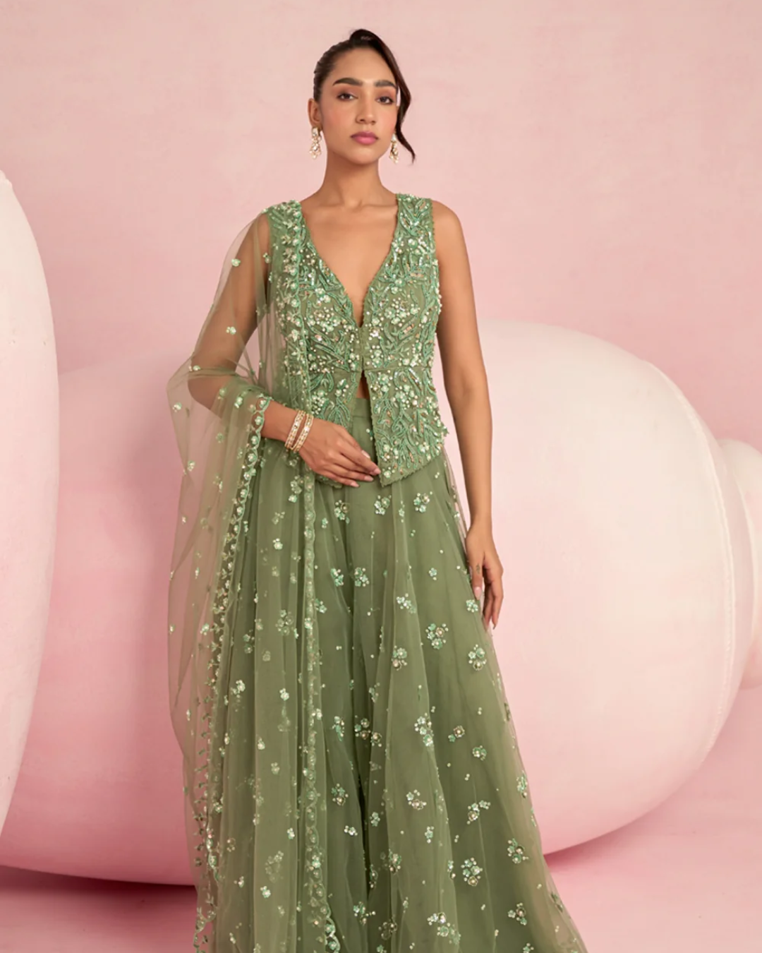 Prevasu - Sage Green Sharara Set From Solene