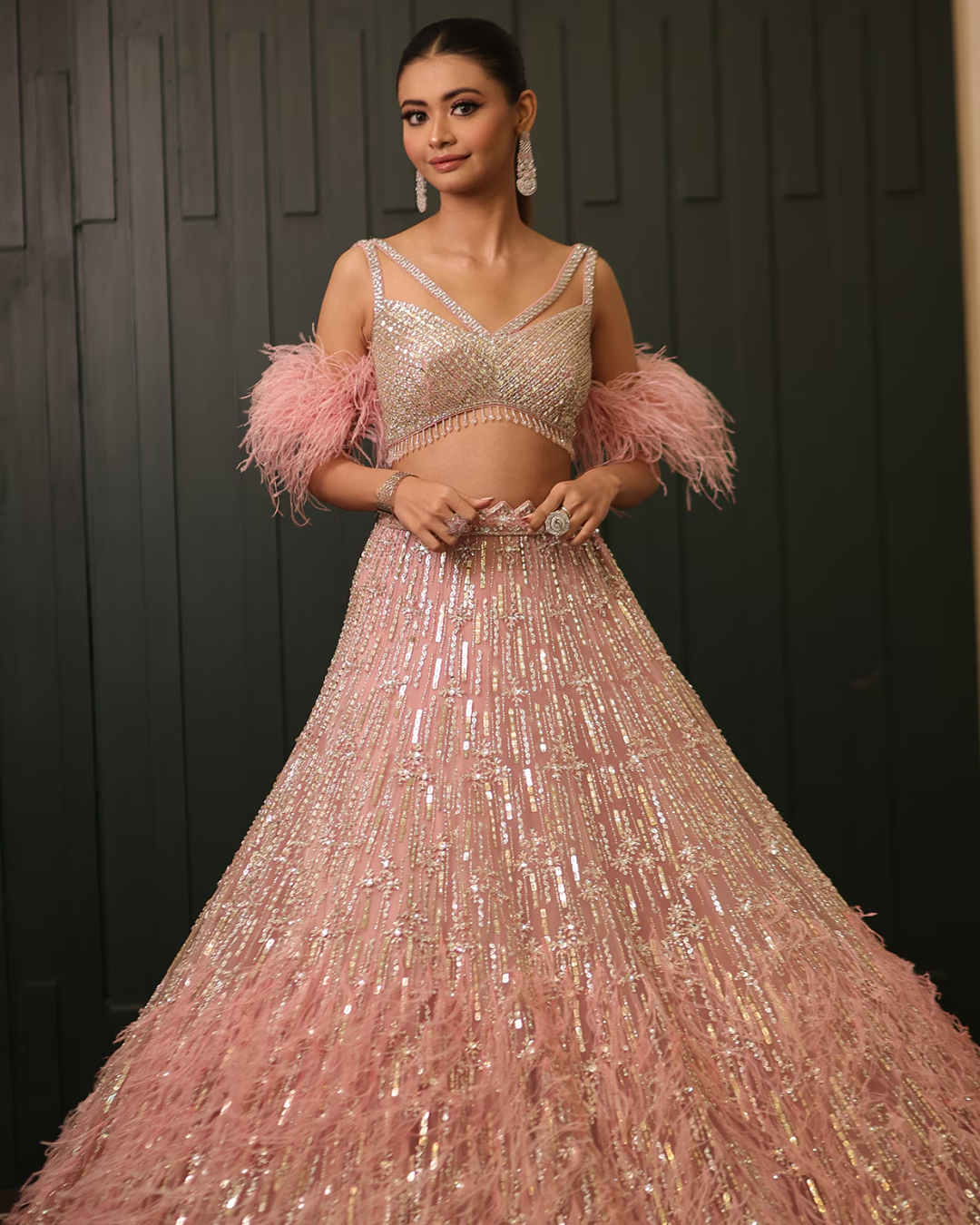 Isa by Dolly Wahal - Pink Net Sequins & Cutdana Embroidered Lehenga Set