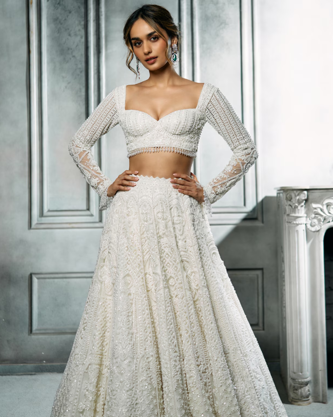 Isa by Dolly Wahal - Ivory Net Sequins Embroidered Lehenga Set
