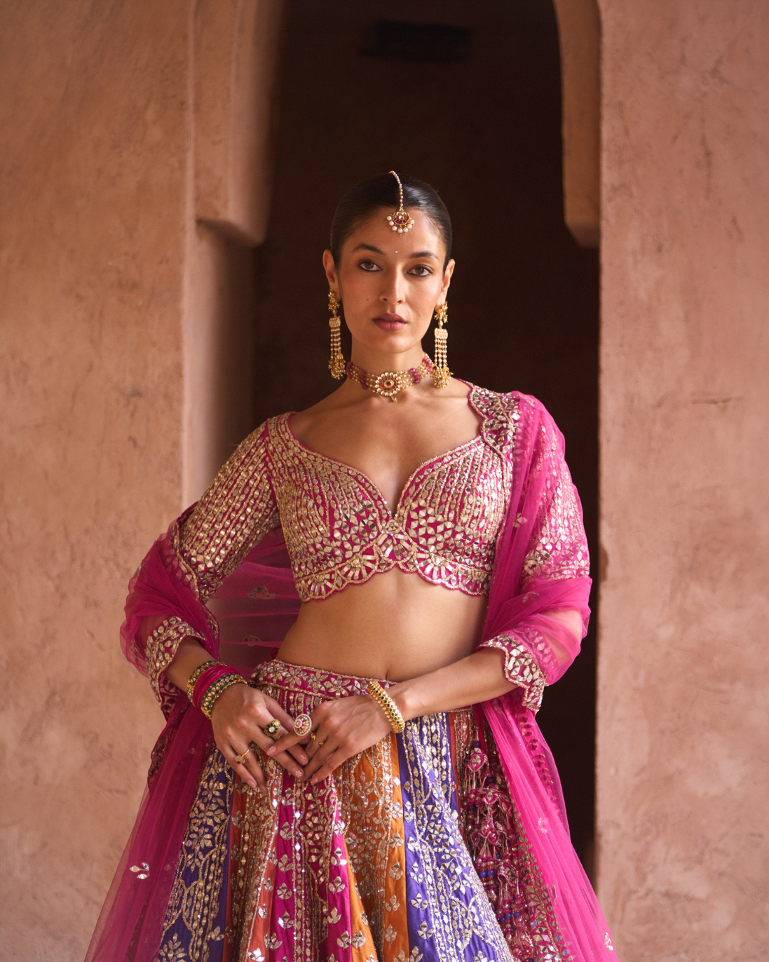 Angad Singh - PRISM — Multicolored Raw Silk Lehenga Set with Contrast Blouse From Zariya