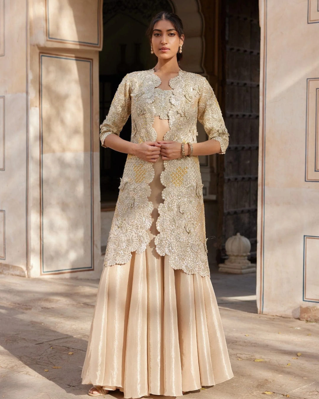 Osaa By Adarsh - Beige Champagne Embroidered Open Jacket Set From RASM