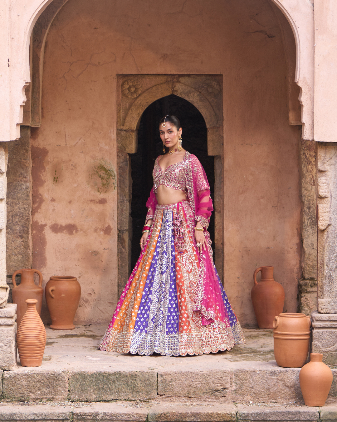 Angad Singh - PRISM — Multicolored Raw Silk Lehenga Set with Contrast Blouse From Zariya