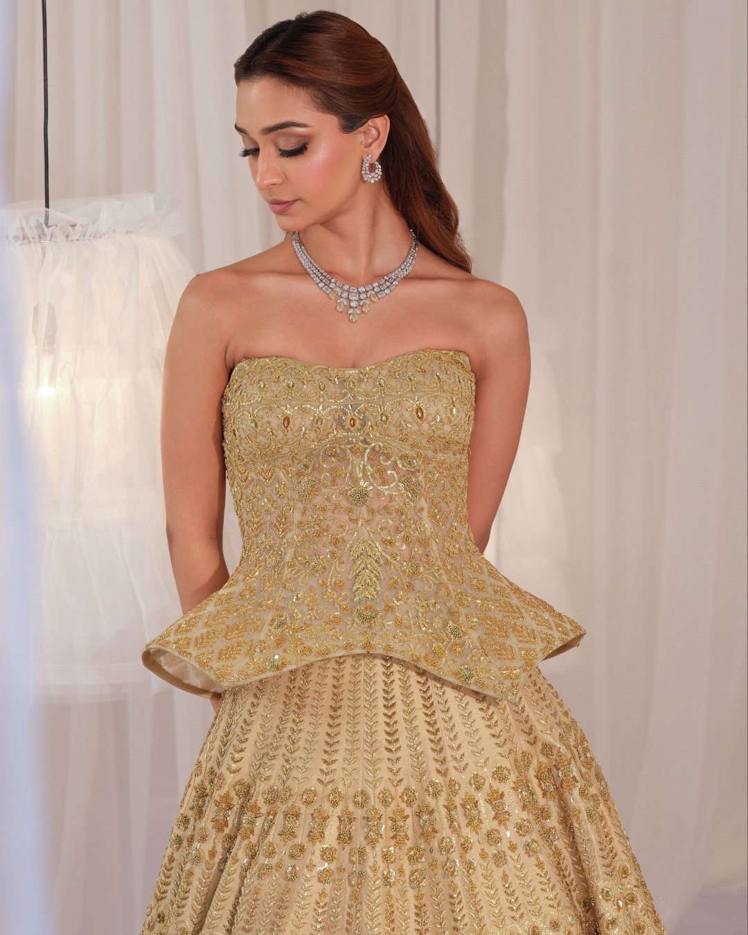 K&A By Karishma And Ashita - Gold Hand Embellished Sculpted Corset With Raw Silk Lehenga & Dupatta From First Love