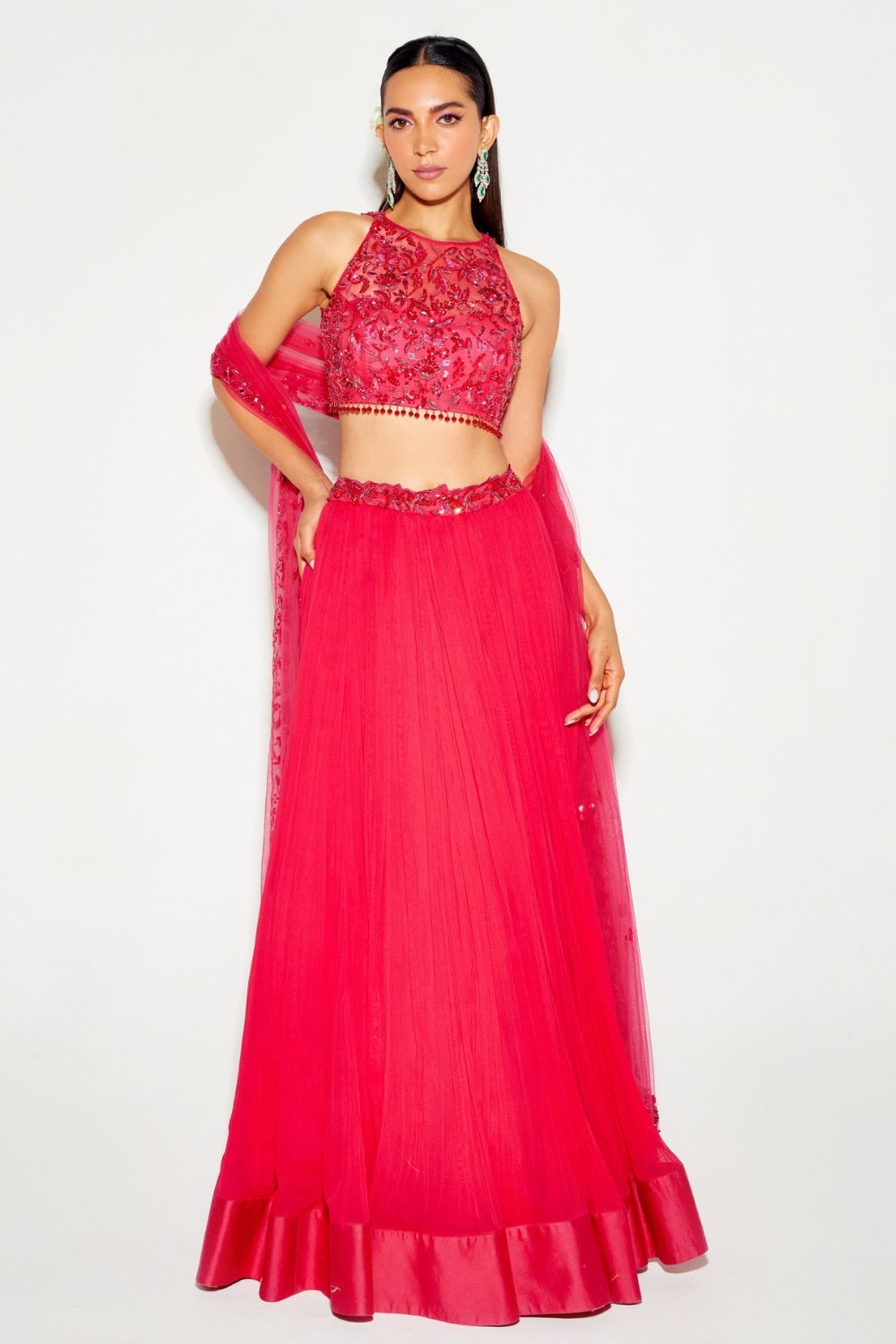 Sanya Gulati - Hot Pink Tonal Blouse and Pleated Lehenga Set