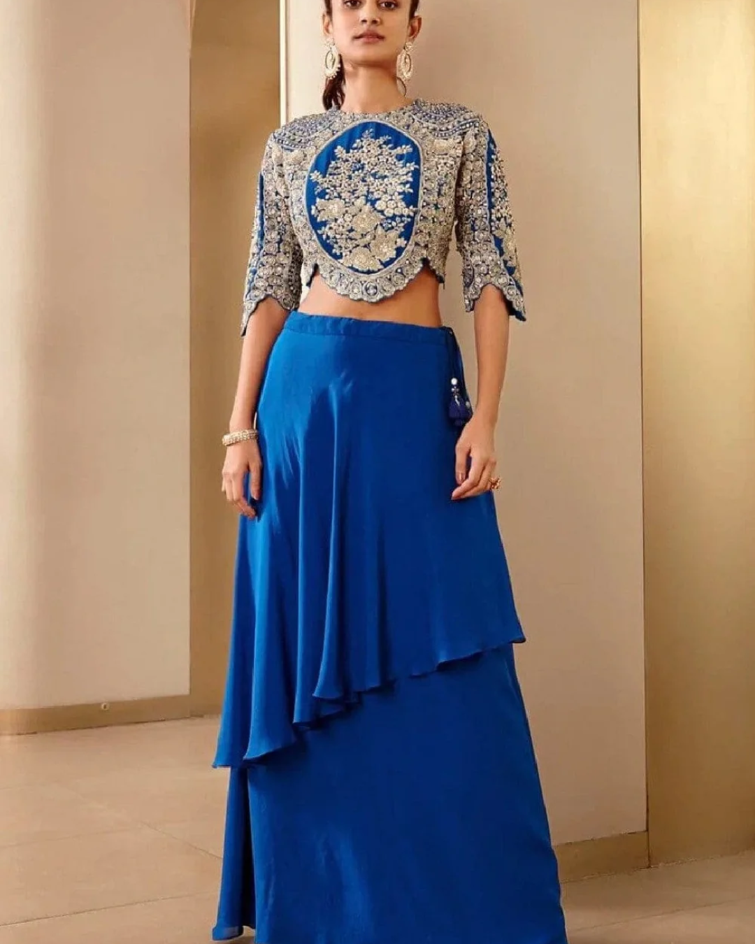 Osaa By Adarsh - Jade Blue Embroidered Top and Assymetrical Skirt From RASM
