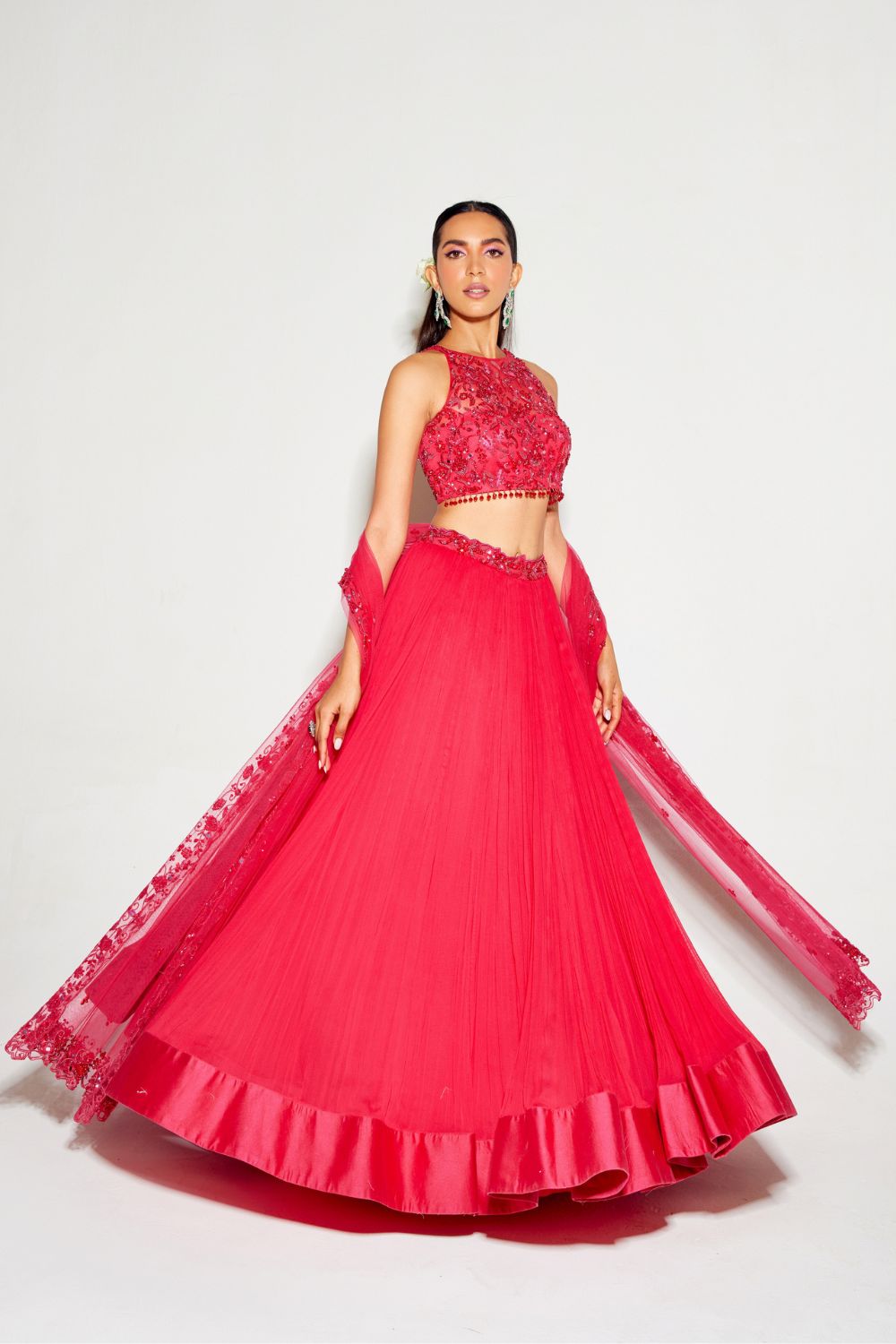 Sanya Gulati - Hot Pink Tonal Blouse and Pleated Lehenga Set