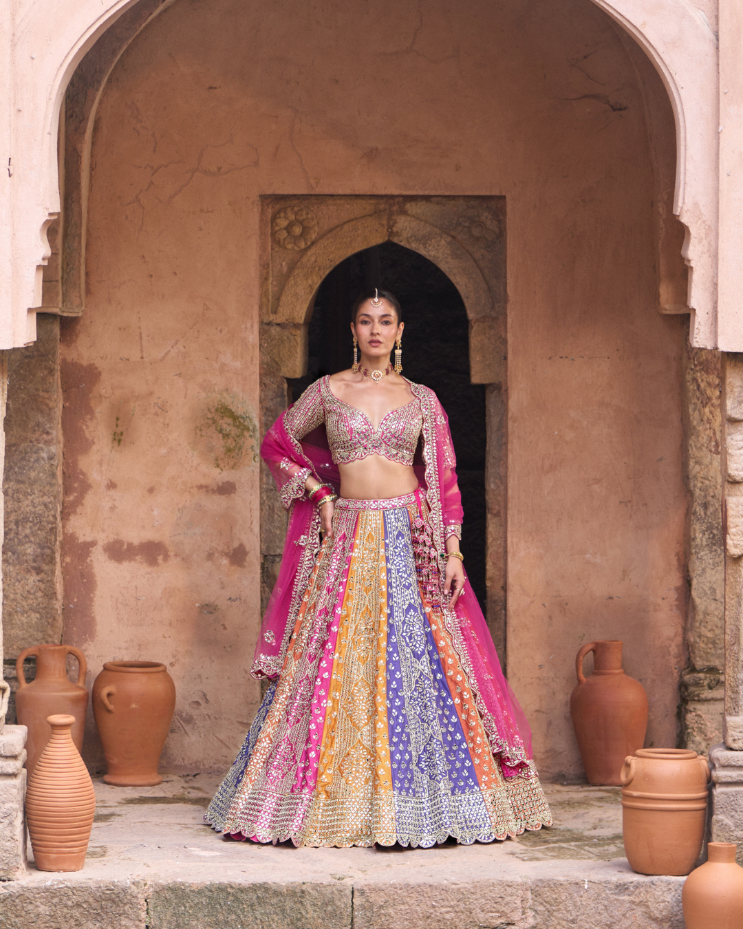Angad Singh - PRISM — Multicolored Raw Silk Lehenga Set with Contrast Blouse From Zariya