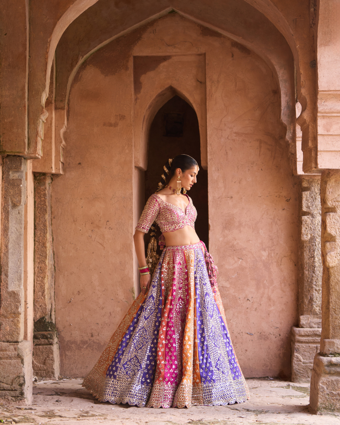 Angad Singh - PRISM — Multicolored Raw Silk Lehenga Set with Contrast Blouse From Zariya