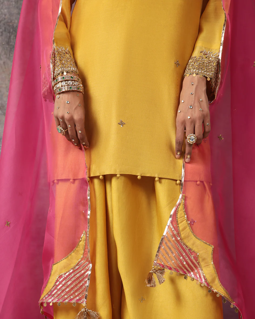 Niti Bothra - Mehrang Yellow Short Buti Kurta Set