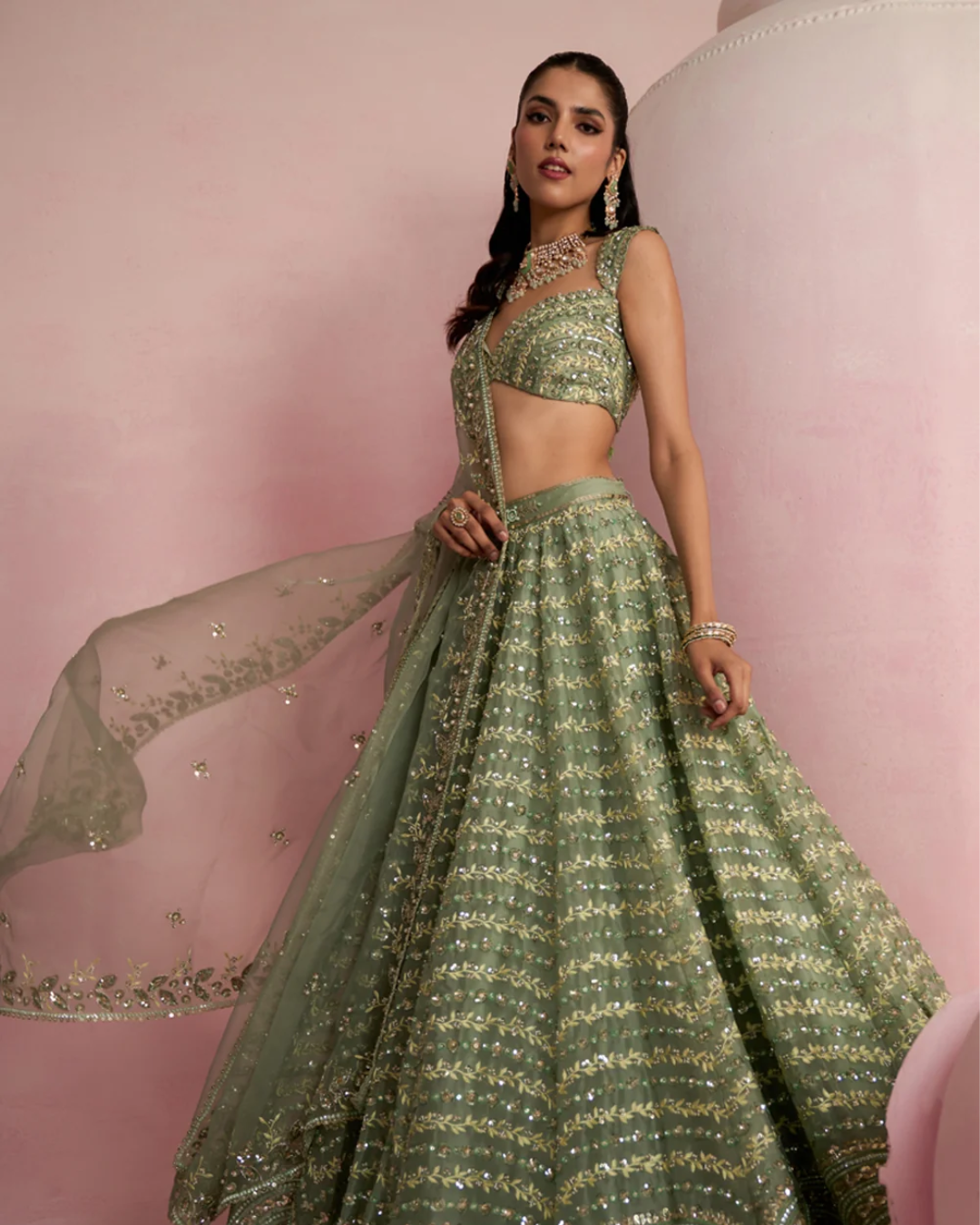 Prevasu - Sage Green Lehenga Set From Solene
