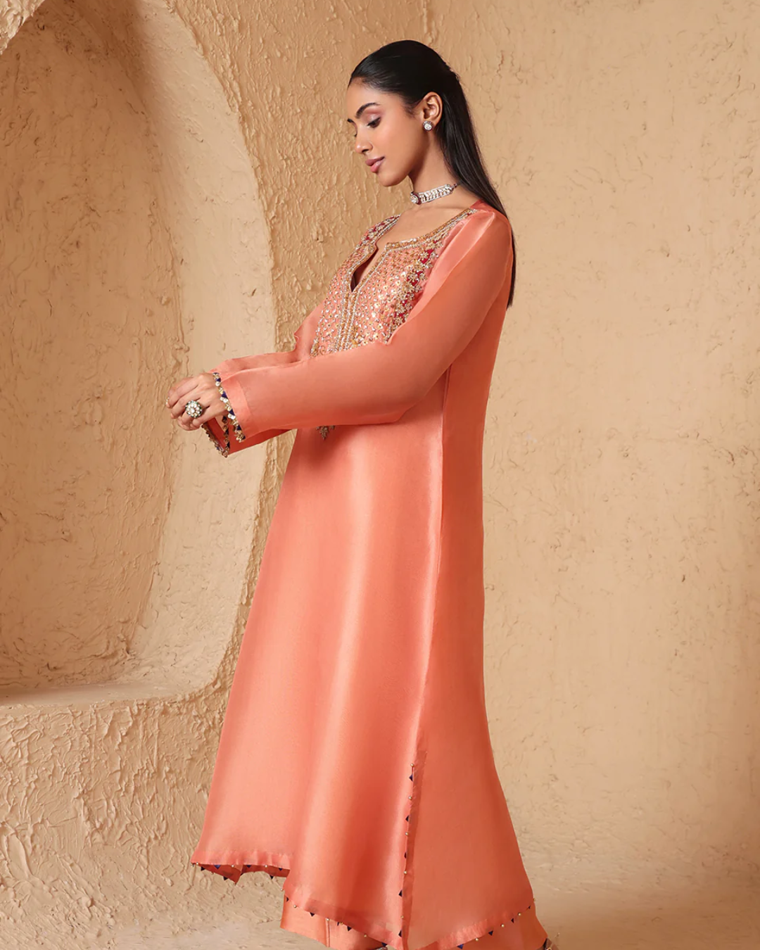 Niti Bothra - Mehrang Peach Heavy Neck Kurta Set