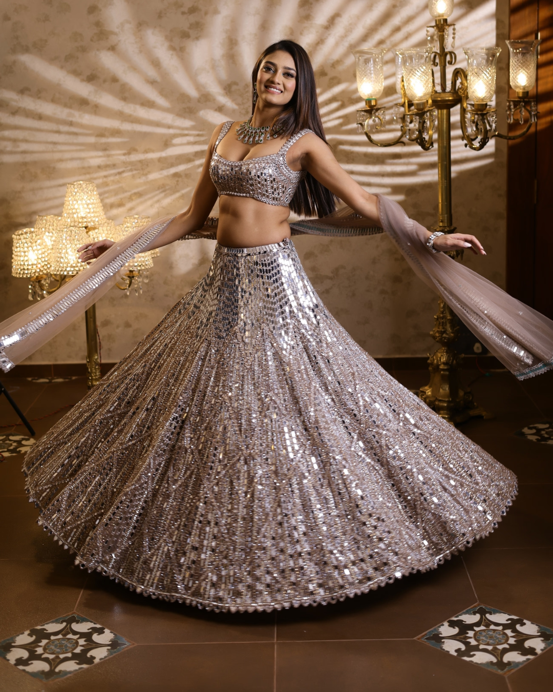 Isa by Dolly Wahal - Champagne Mirror Lehenga From Fiori