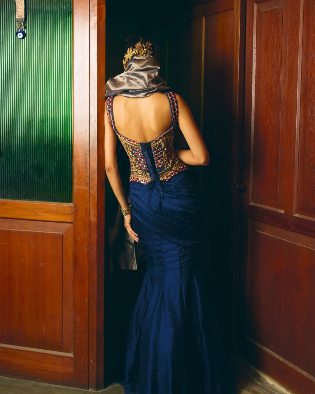 Aditi Gupta - Manikari Navy Blue Corset With Drape From Chitrakatha