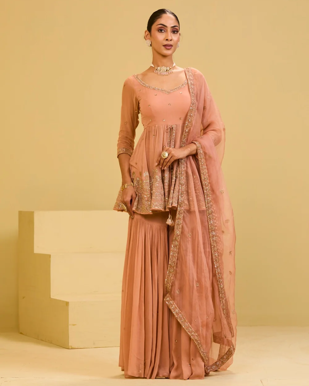 Esha Koul - Peach Front Cut Peplum Set From Naaz
