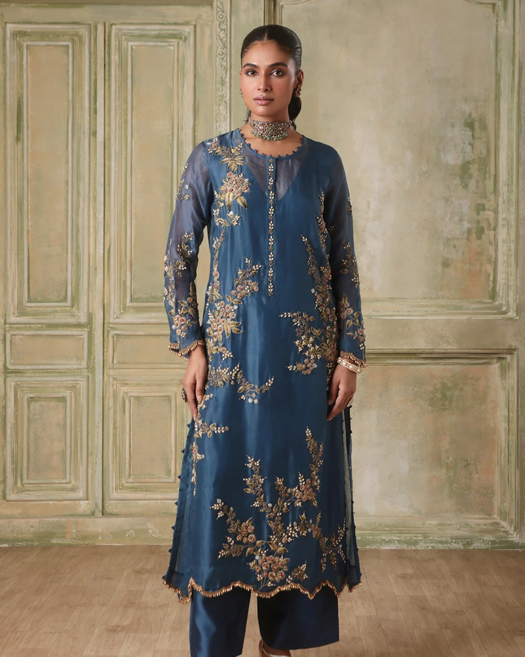 Niti Bothra - Zar-Rang Blue Multicolor Jaal Kurta Set