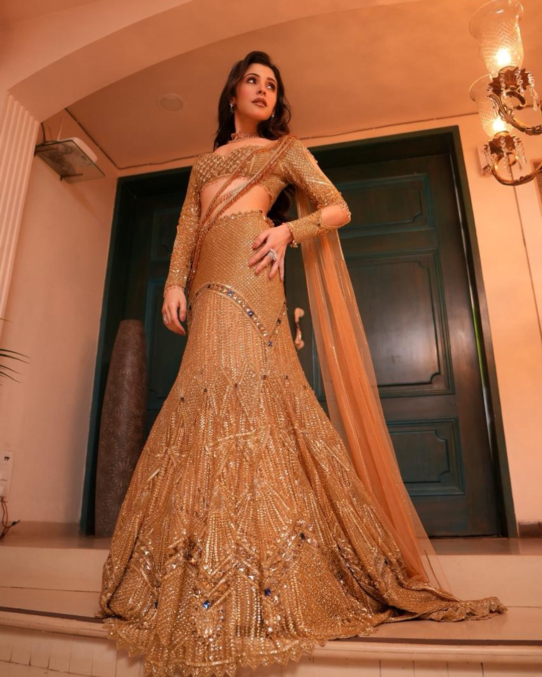 Isa by Dolly Wahal - Gold Fishcut Lehenga With Trail From Ittara