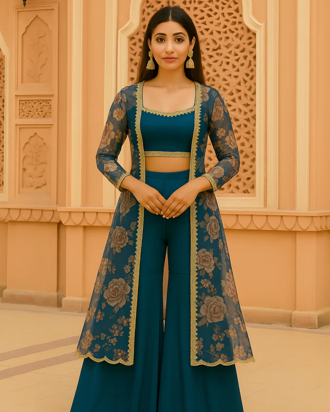 Anisha Shetty - Bahama Blue Sharara With Blouse & Floral Organza Jacket Set