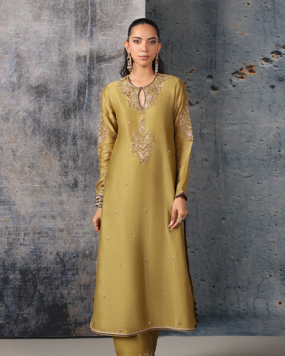 Niti Bothra - Mehrang Olive Green Straight Long Kurta Set