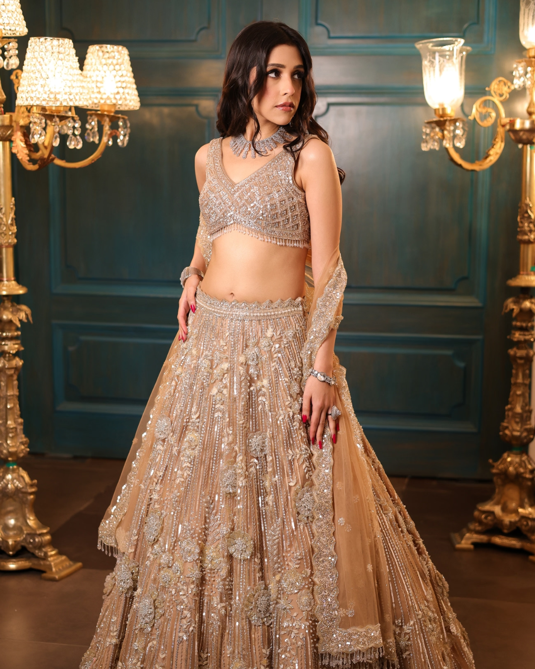 Isa by Dolly Wahal - Light Gold 3D Floral Lehenga From Athena