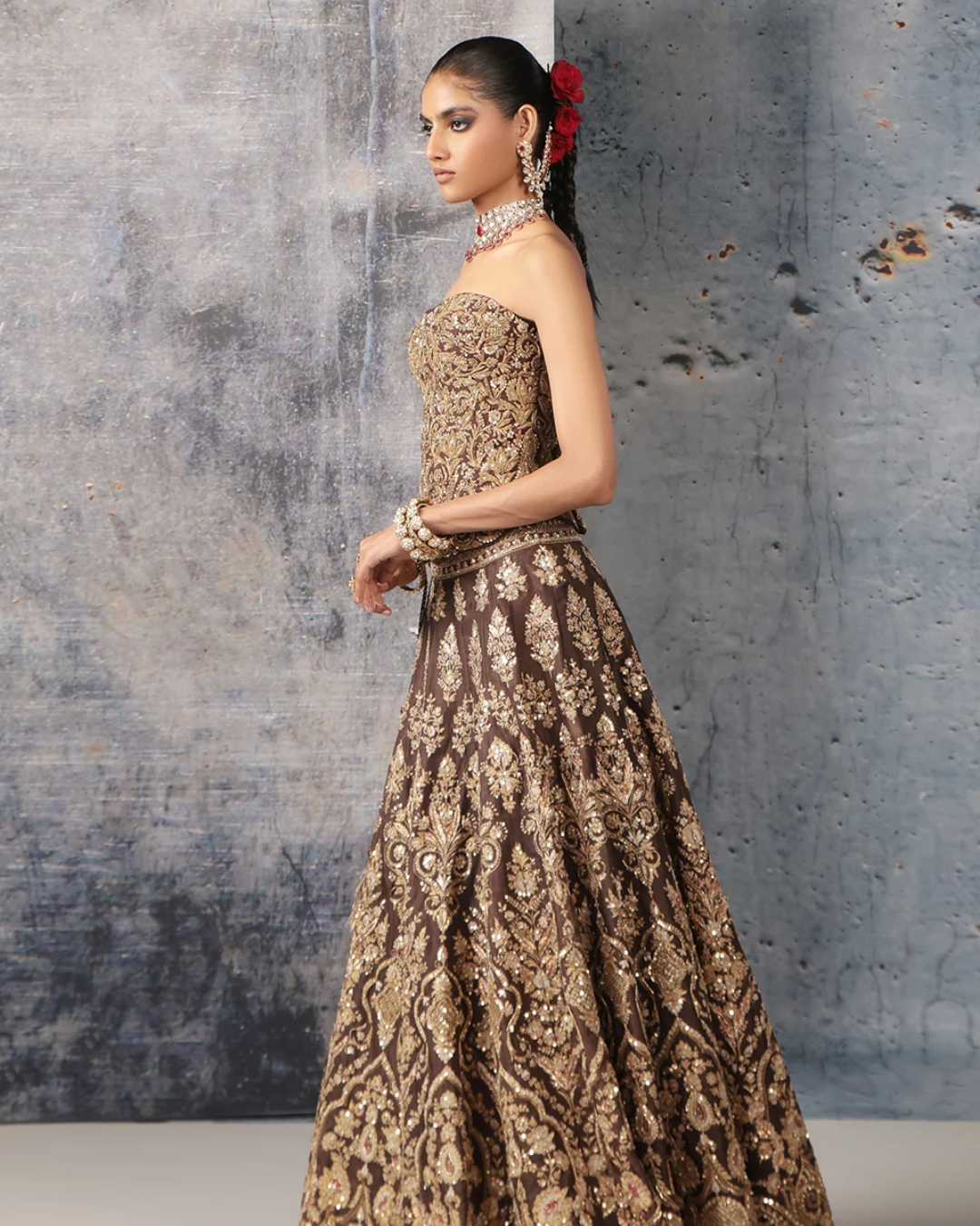 Niti Bothra - Zar-Rang Brown Corset Lehenga Set