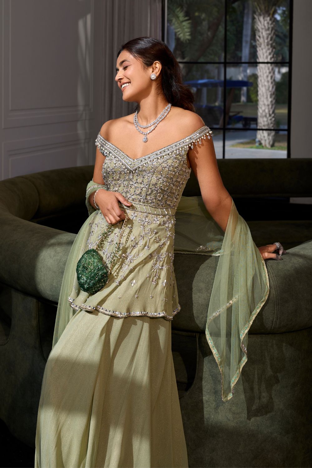 Sanya Gulati - Sage Green Off Shoulder Peplum Set from Kia & Kyara