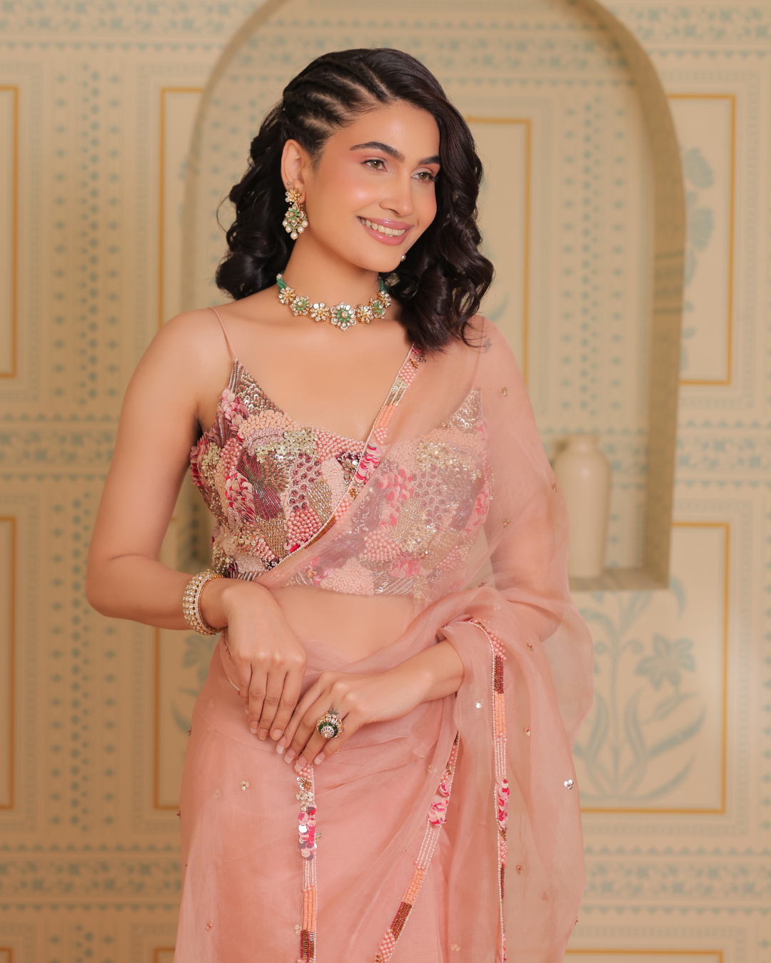 Sonali Bansal - Blush pink drape saree with blouse (potli seperately priced) From Banno Ki Saheli