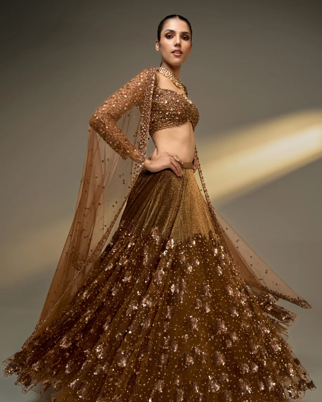 Prevasu - Copper Gold Lehenga Set From The Mocha Edit