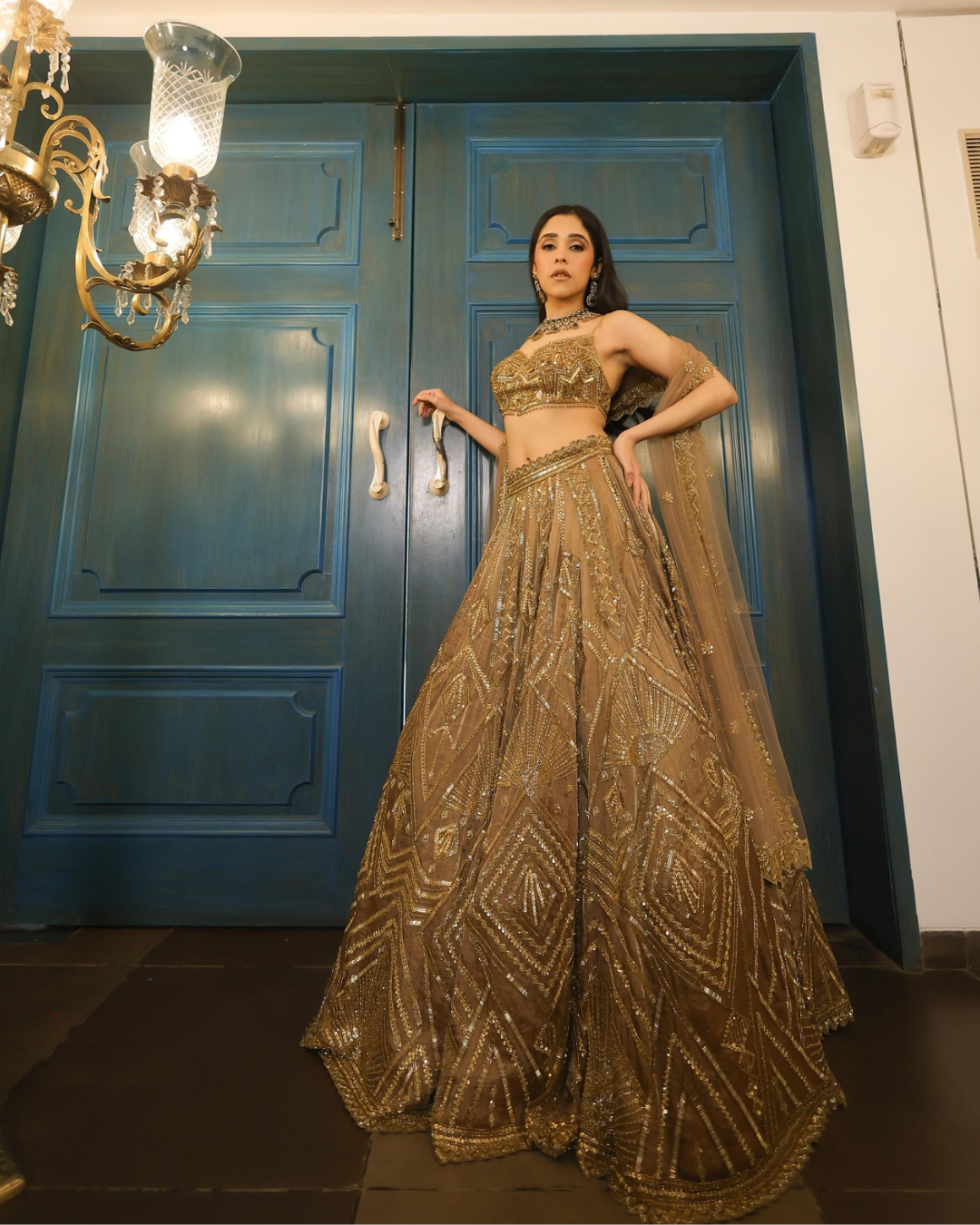 Isa by Dolly Wahal - Mocha Tissue Lehenga From Fiza