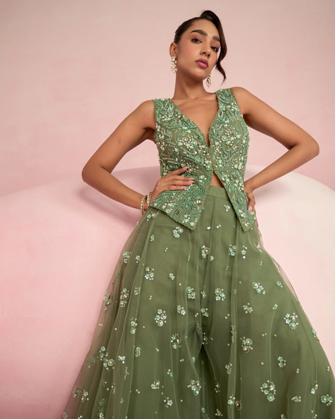 Prevasu - Sage Green Sharara Set From Solene