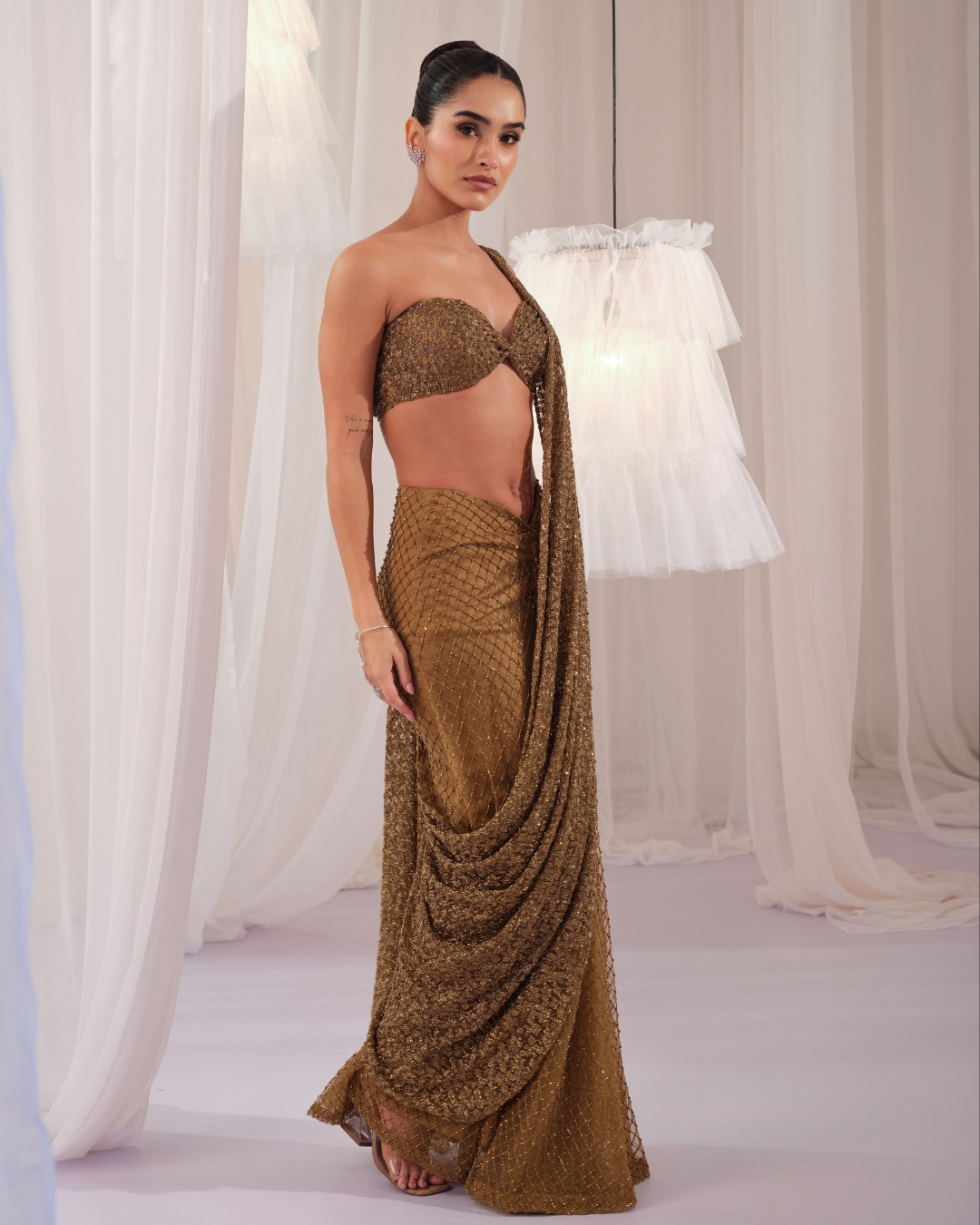 K&A By Karishma And Ashita - Olive Gold Draped Saree With Blouse From First Love