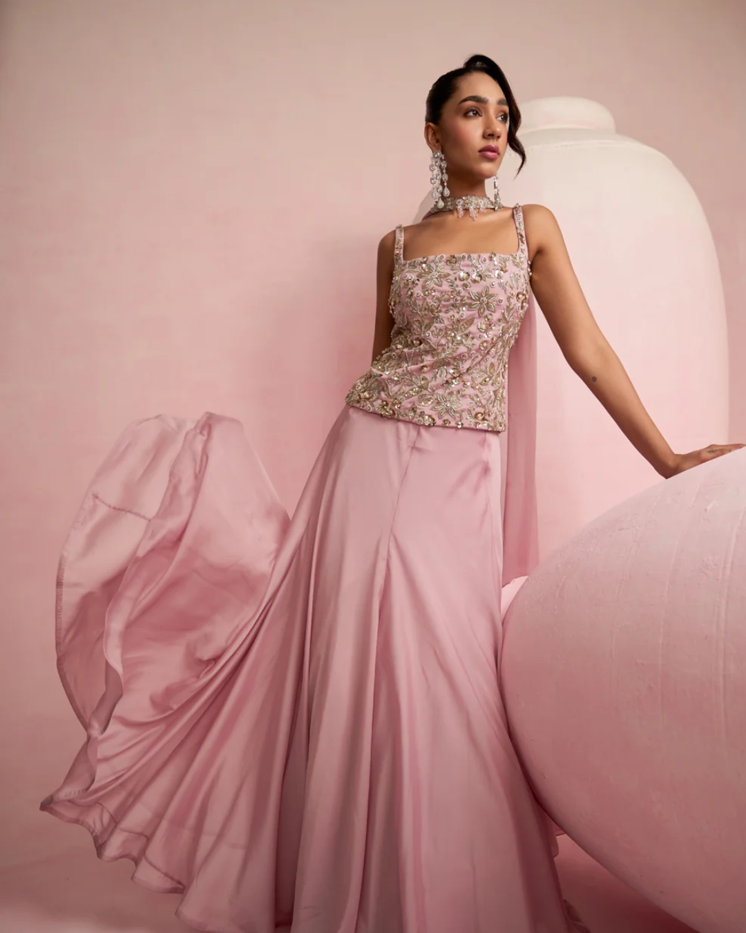Prevasu - Soft Pink Corset Top & Skirt Set From Solene