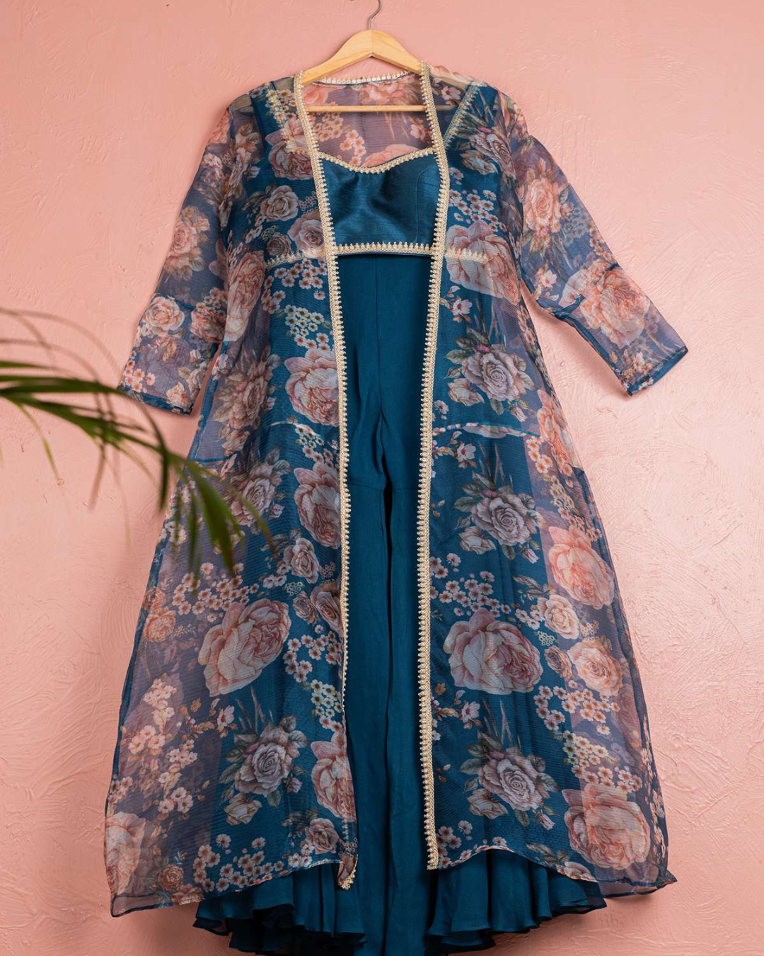Anisha Shetty - Bahama Blue Sharara With Blouse & Floral Organza Jacket Set