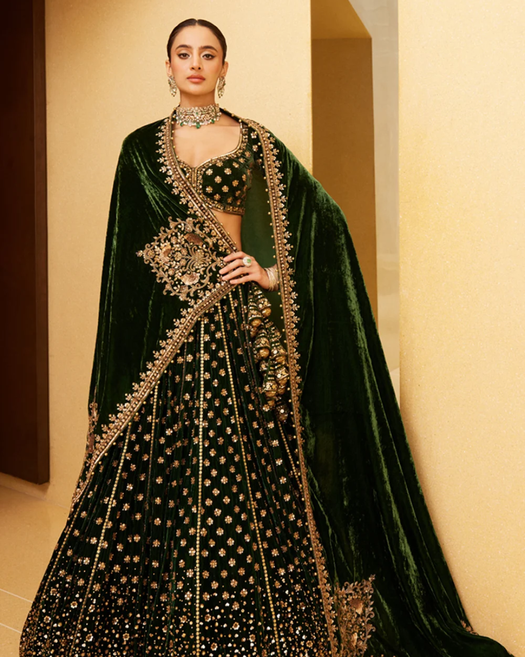 Prevasu - Green Velvet Bridal Lehenga Set From Eraya