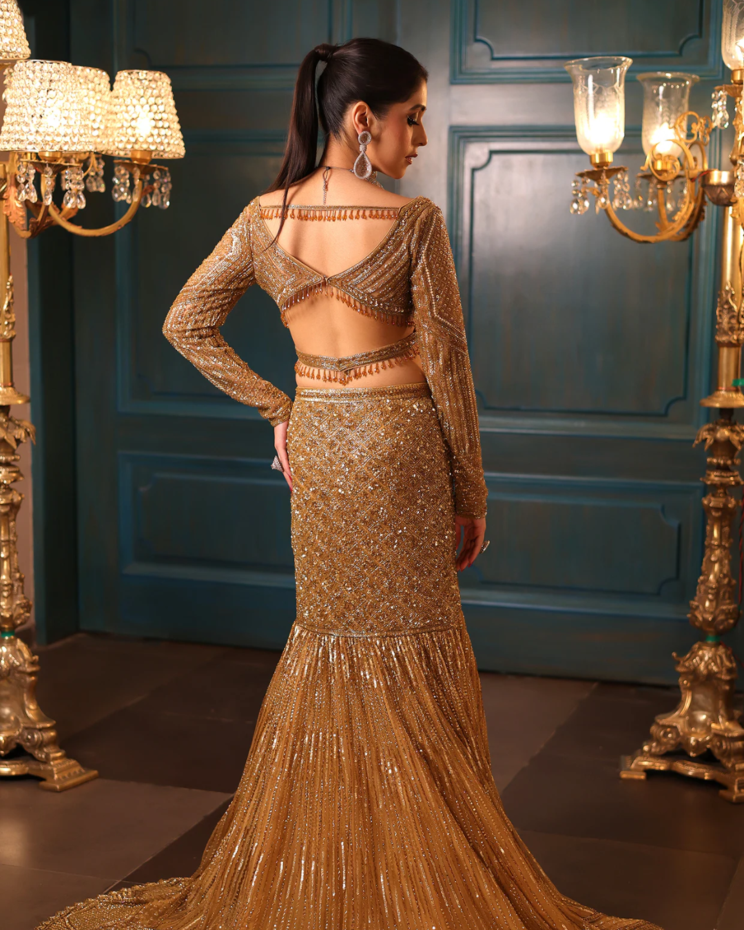 Isa by Dolly Wahal - Gold Net Embroidered Fish-Cut Lehenga Set