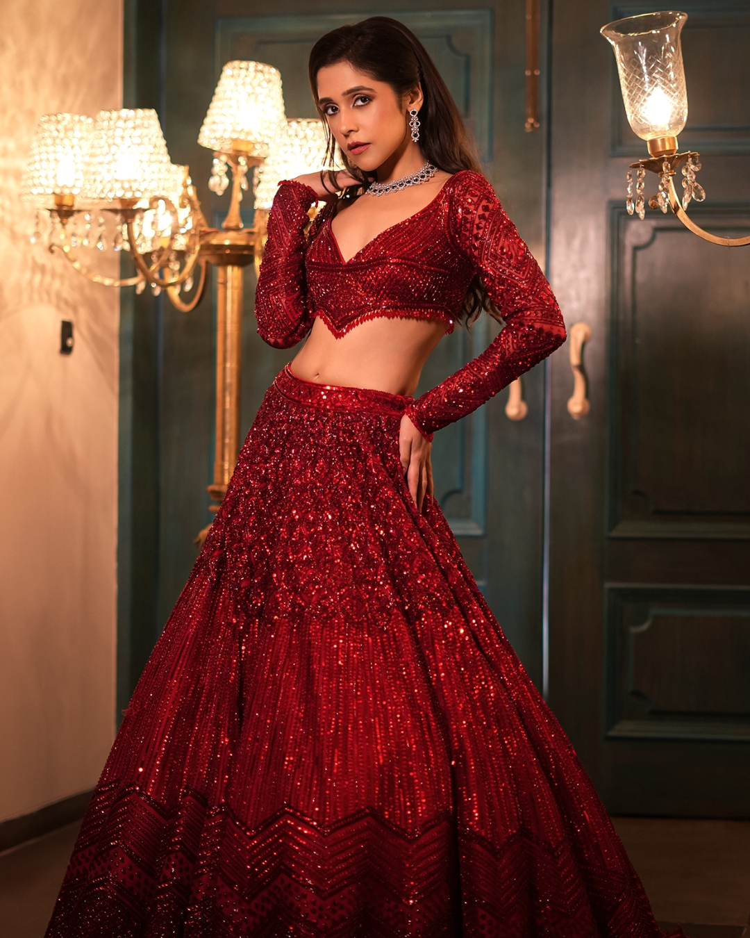 Isa by Dolly Wahal - Deep Red Net Sequins & Crystal Embroidered Lehenga Set