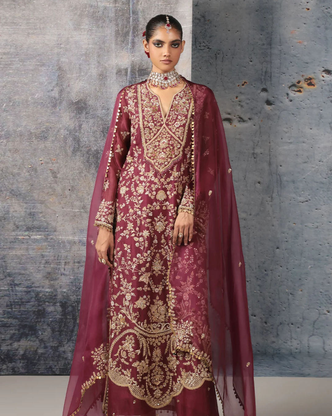 Niti Bothra - Zar-Rang Wine Long Jaal Kurta Set