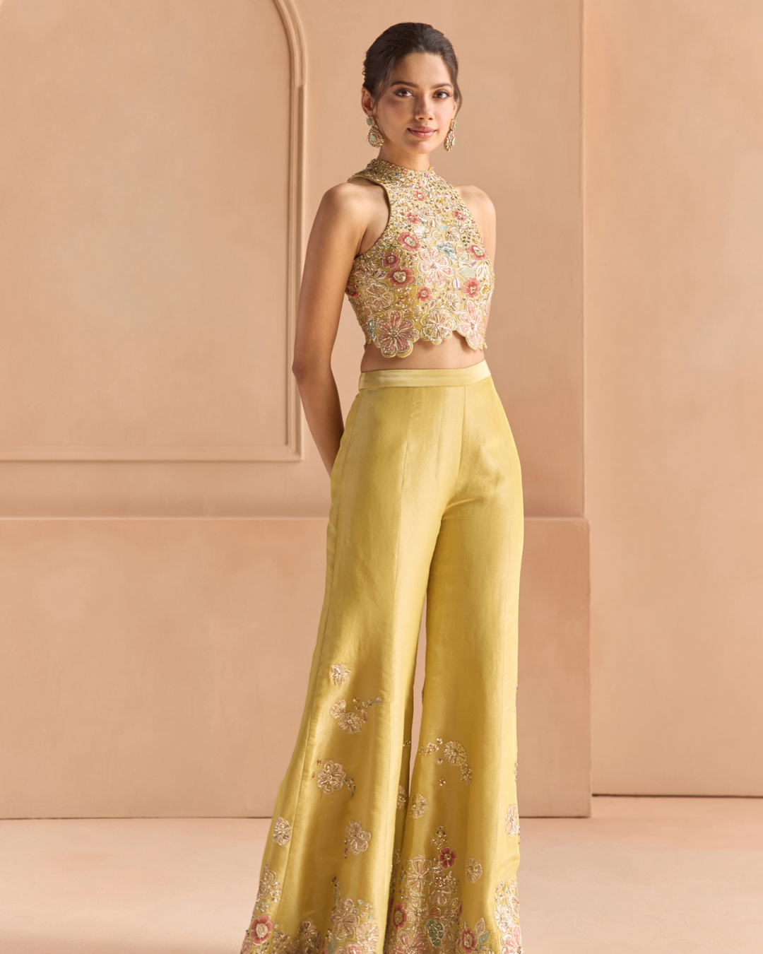 Osaa By Adarsh - Butter Yellow Embroidered Top & Flare Pants Set From Off The Record