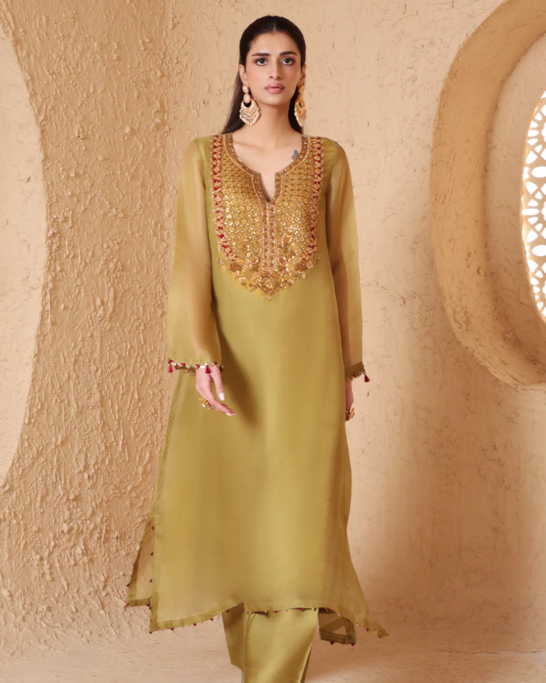 Niti Bothra - Mehrang Olive Green Heavy Neck Kurta Set