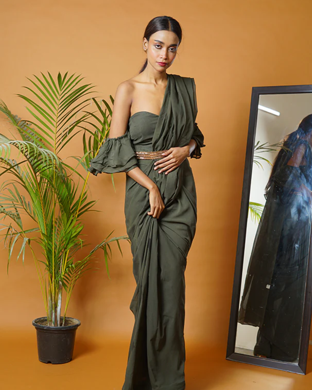 Sonali Bansal - Olive green saree set with waistbelt From Fiza