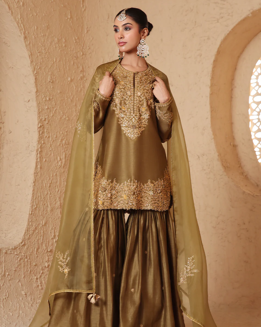 Niti Bothra - Mehrang Olive Green Heavy Sharara Set