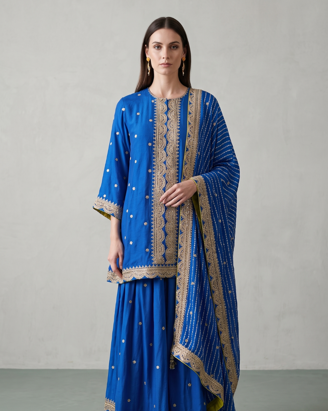 Basanti Kapde Aur Koffee - Cobalt Blue Embroidered Sharara Set From Suits & Shararas