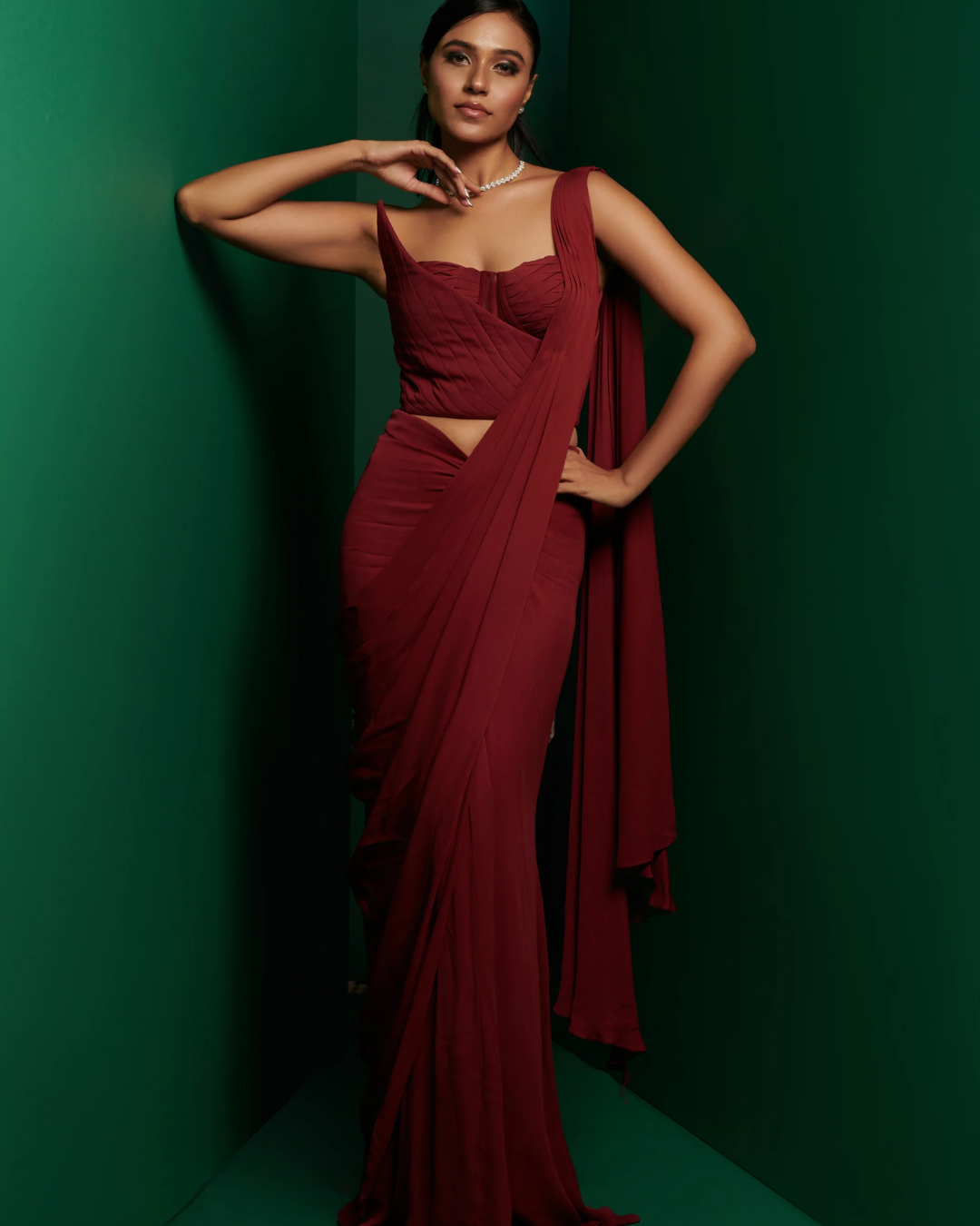 K&A by Karishma and Ashita - Wine red structured double corset with elegant skirt drape From Barre Oblique