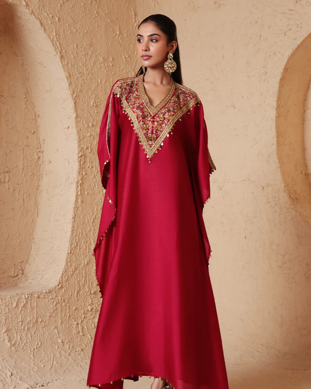 Niti Bothra - Zar-Rang Maroon V Neck Kaftan Set