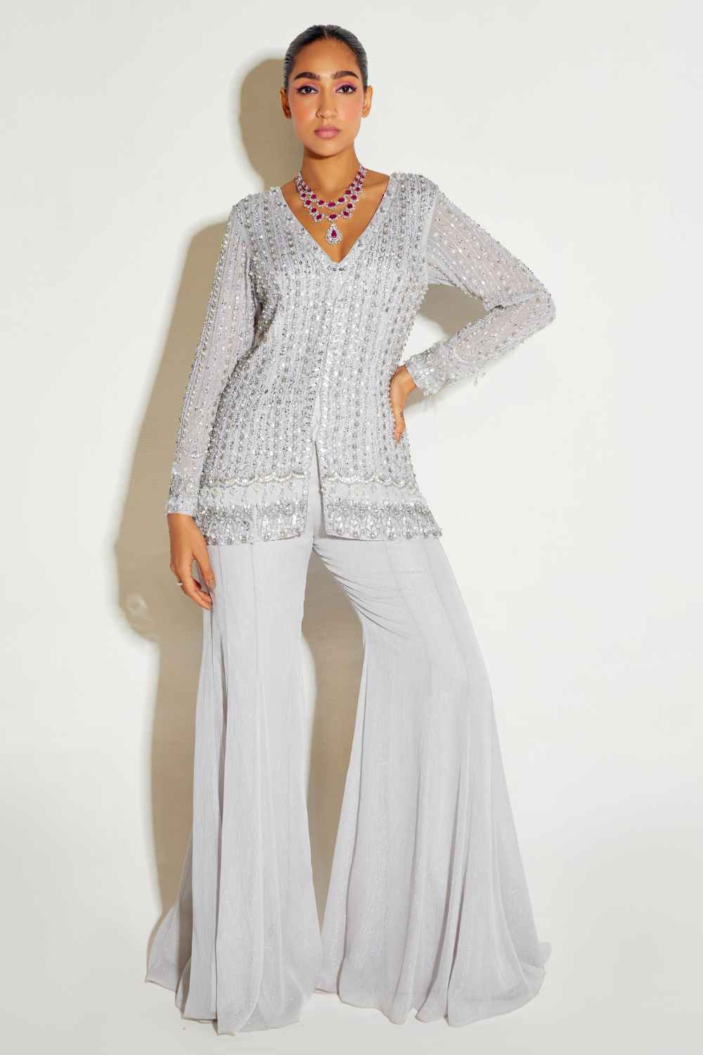 Sanya Gulati - Grey Tonal Kurta and Flared Pant Set