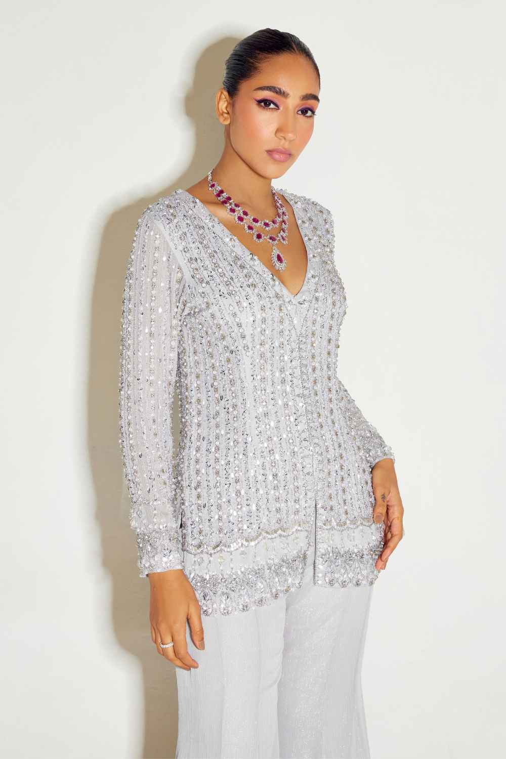 Sanya Gulati - Grey Tonal Kurta and Flared Pant Set