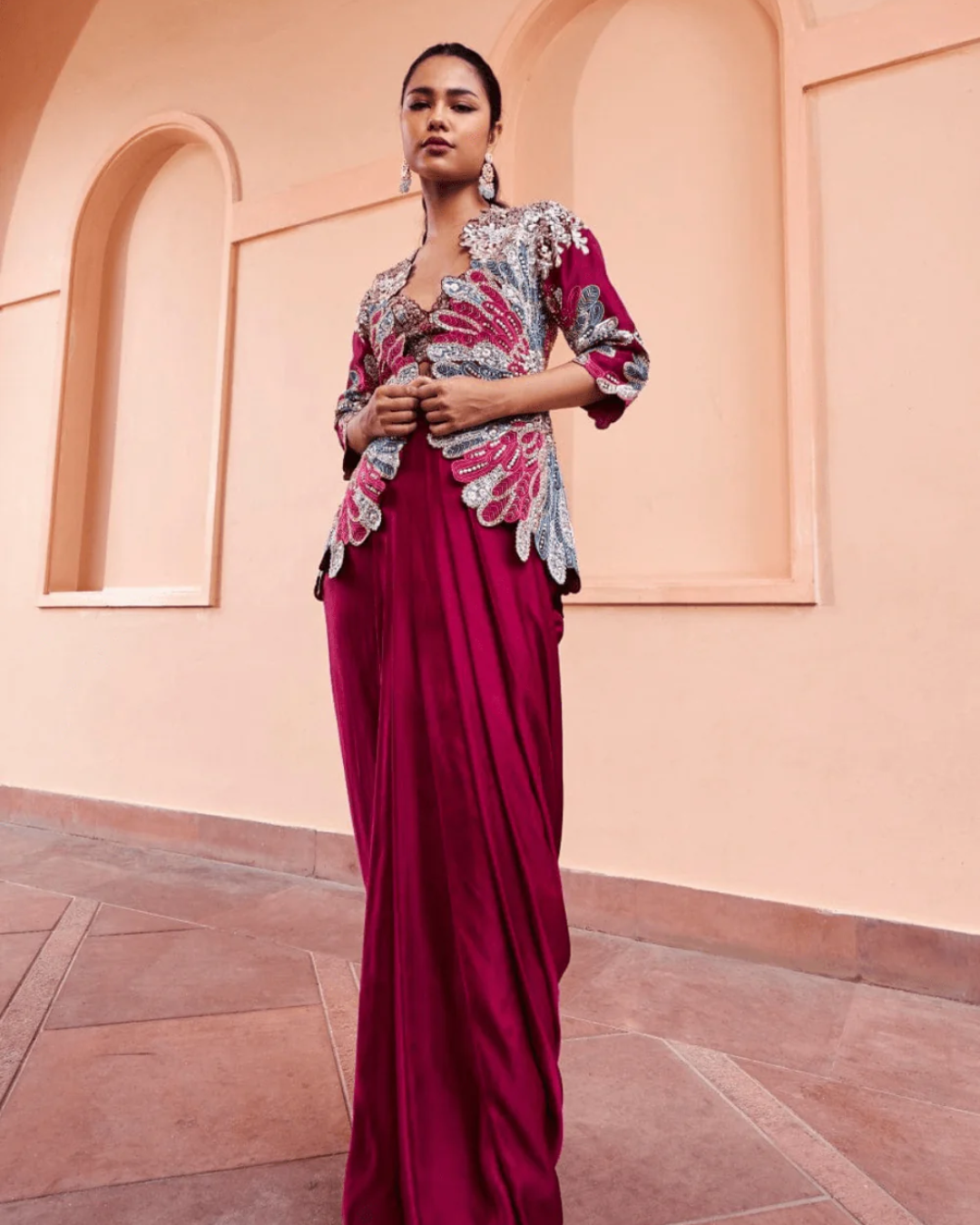 Osaa By Adarsh - Sangria Plum Embroidered Jacket Set From Rasm