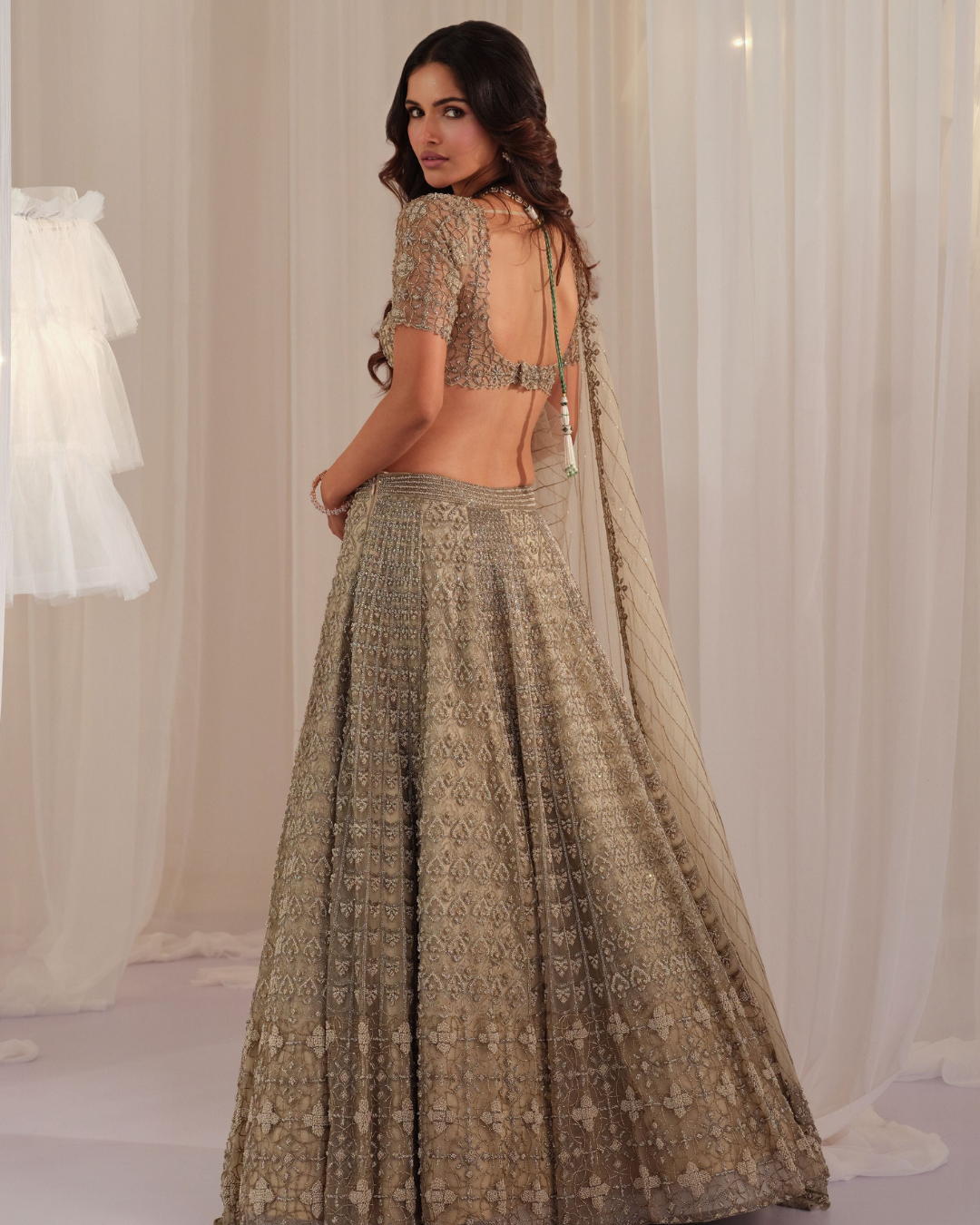 K&A By Karishma And Ashita - Beige French Knot Embellished Lehenga With Blouse & Dupatta From First Love