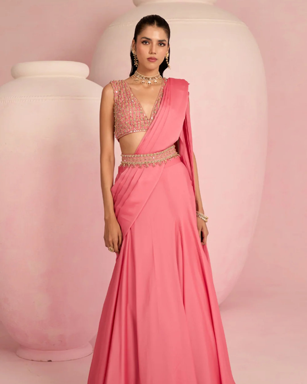Prevasu - Pop Pink Lehenga Saree From Solene