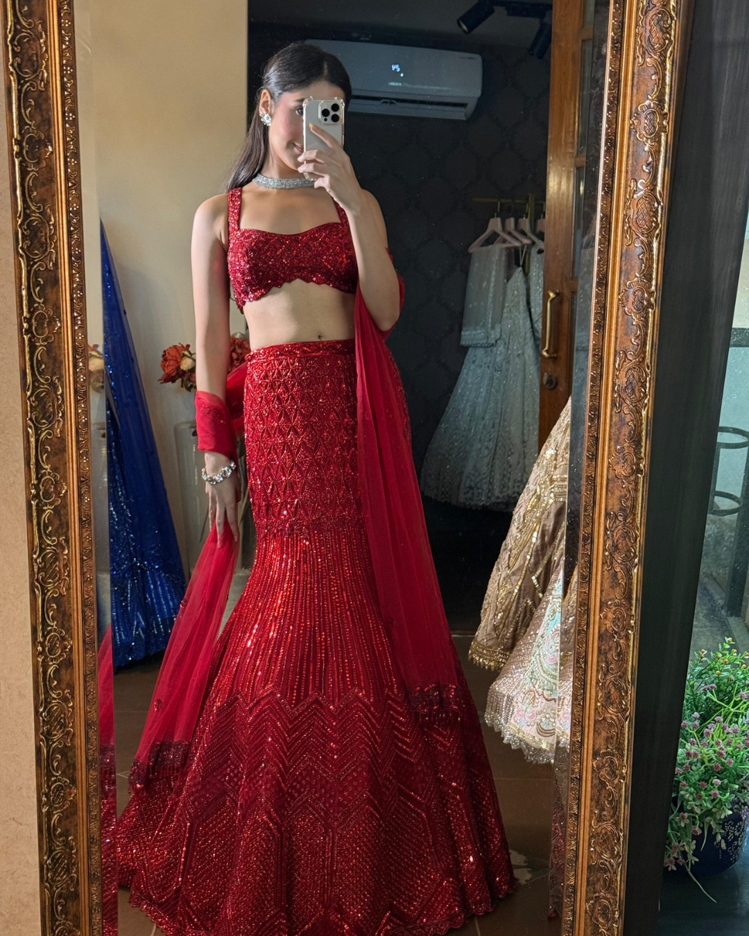 Isa by Dolly Wahal - Red Caara Fishcut Lehenga From Fiza